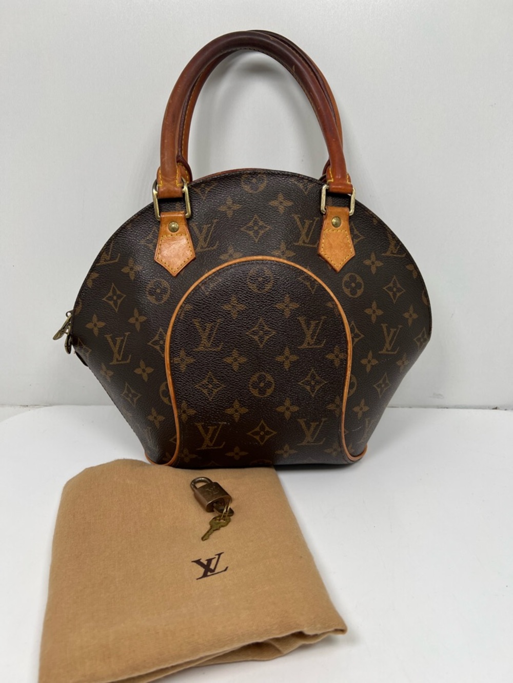 LOUIS VUITTON Ellipse PM Monogram Handbag Brown Lock + Key + Dust Bag